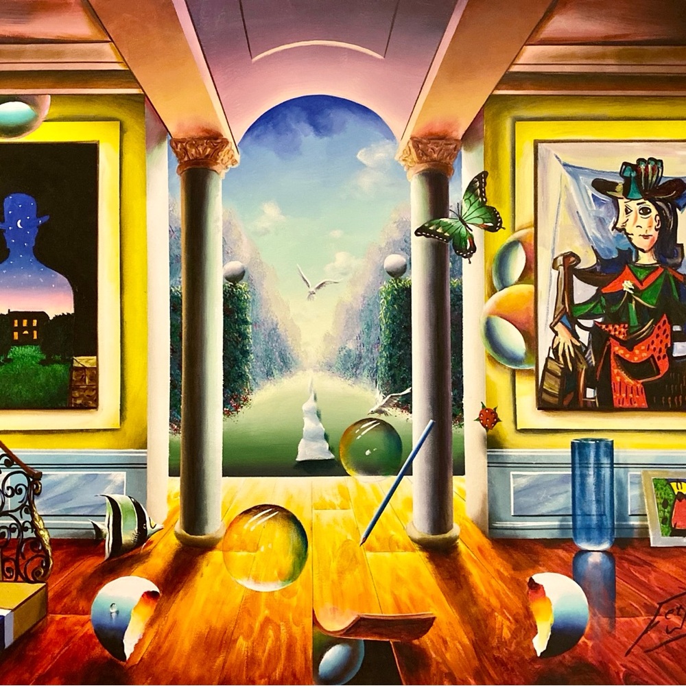 FERJO Original Oil, Yellow and Blue Surrealist Painting Architectural Elements